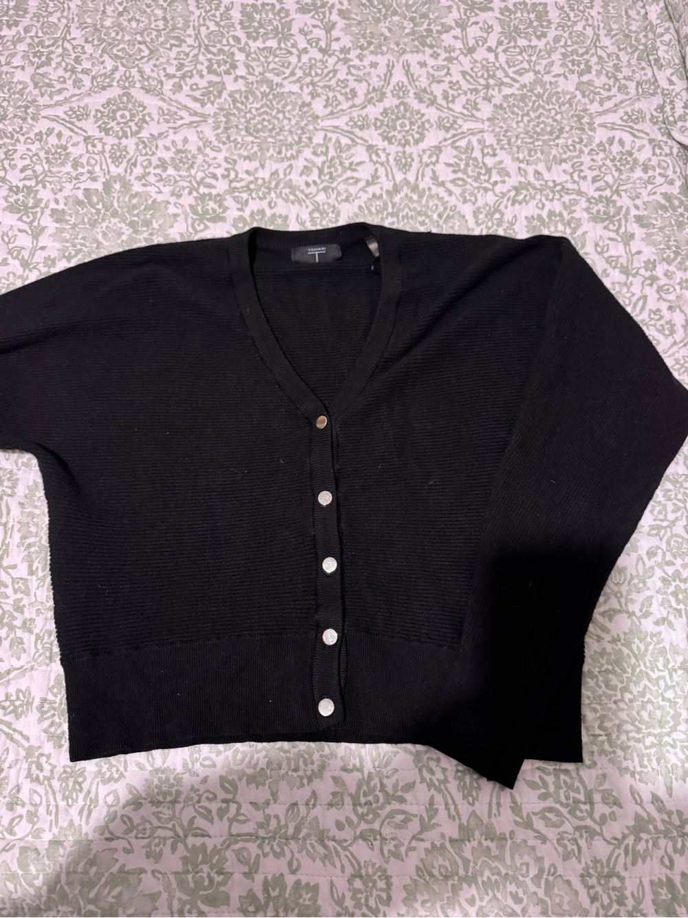 Tahari Black V-Neck Button Front Cardigan